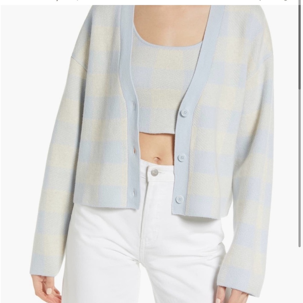 REFORMATION Blue and Cream Cardigan Sweater